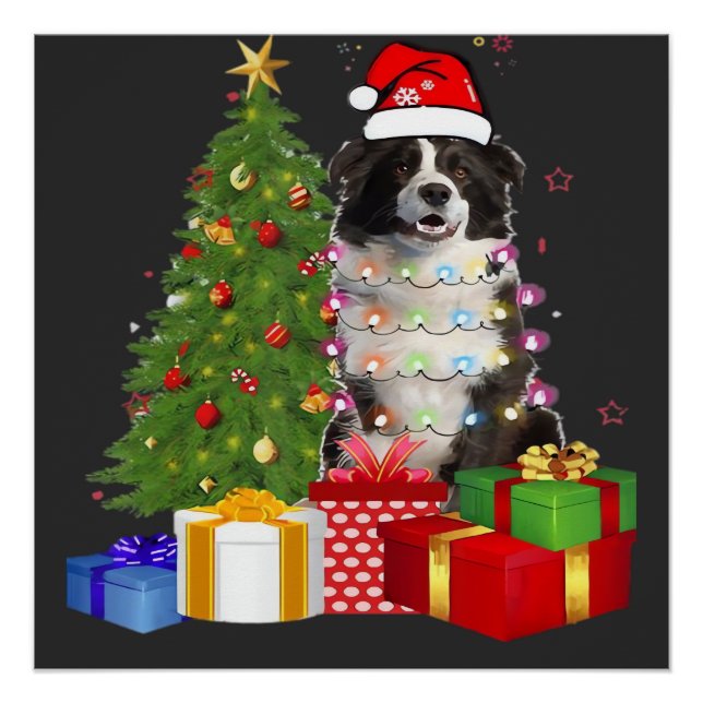 Funny Border Collie Christmas Tree Merry Christmas Poster (Front)