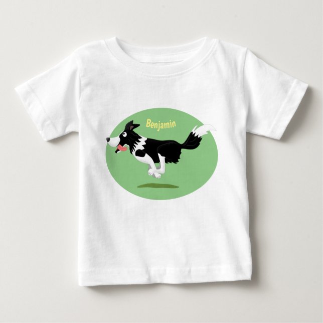 Funny Border Collie dog running cartoon   Baby T-Shirt (Front)