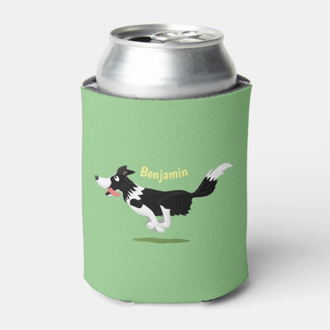 Funny Border Collie dog running cartoon  Can Cooler (Can Front)