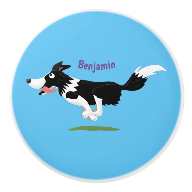 Funny Border Collie dog running cartoon Ceramic Knob (Front)