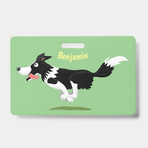 Funny Border Collie dog running cartoon  ID Badge