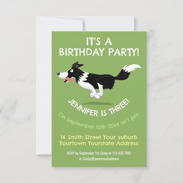 Funny Border Collie dog running cartoon Invitation (Front)