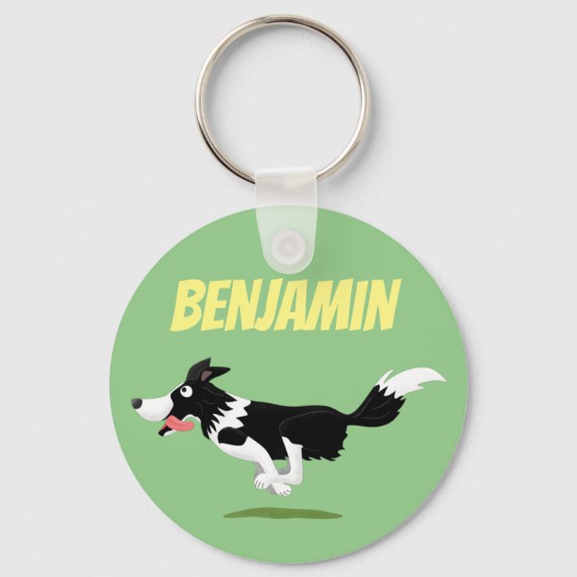 Funny Border Collie dog running cartoon Key Ring (Front)