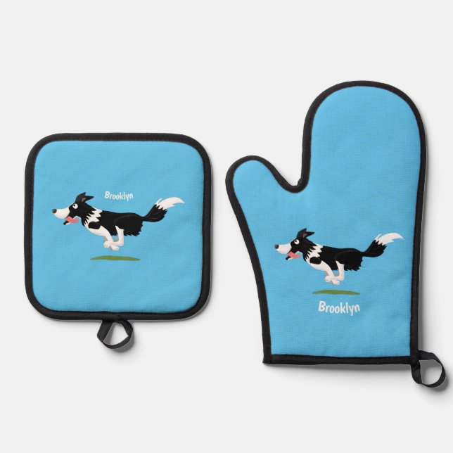 Funny Border Collie dog running cartoon Oven Mitt & Pot Holder Set (Front)