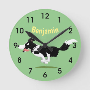 Funny Border Collie dog running cartoon Round Cloc Clock