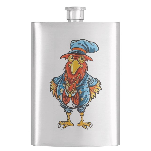 Funny Bossy Cartoon Rooster Hip Flask (Front)