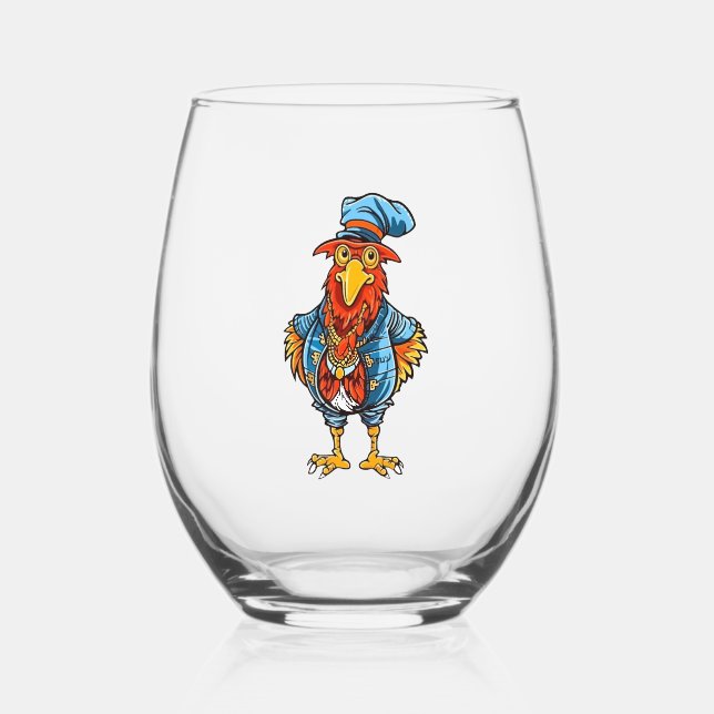Funny Bossy Cartoon Rooster Stemless Wine Glass (Front)