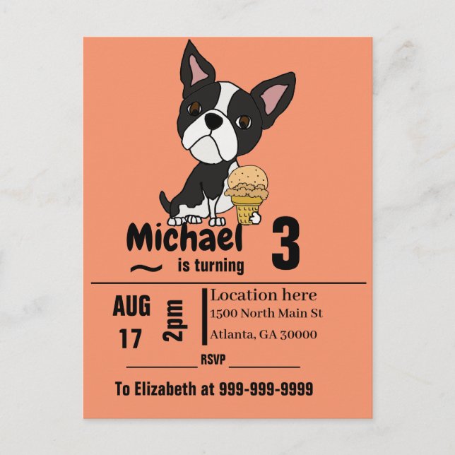 Funny Boston Terrier and Ice Cream Birthday Party Invitation Postcard (Front)