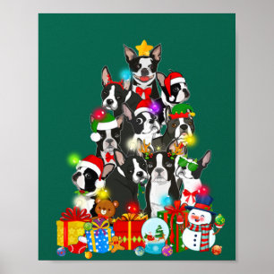 Funny Boston Terrier Christmas Tree Lights Puppy Poster
