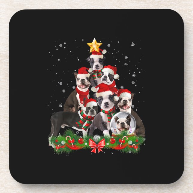 Funny Boston Terrier Dog Christmas Tree Gift Coaster (Front)