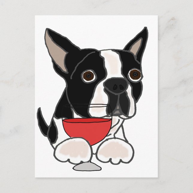 Funny Boston Terrier Dog Drinking Wine Art Postcard (Front)