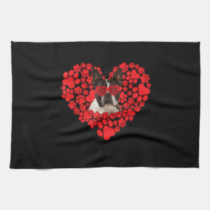 Funny Boston Terrier Dog Paw Heart Valentine Day Tea Towel
