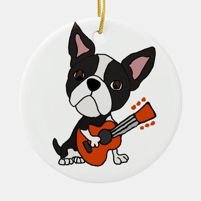 Funny Boston Terrier Dog Playing Guitar Art Ceramic Tree Decoration (Front)