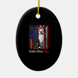 Funny Boston Terrier Mum American Flag Tee T-Shirt Ceramic Tree Decoration