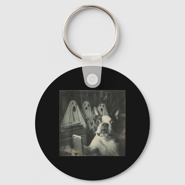 Funny Boston Terrier Selfie With Ghosts Halloween Key Ring (Front)