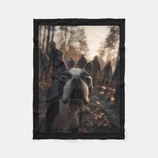 Funny Boston Terrier Selfie With Zombies Scary Fleece Blanket (Front)