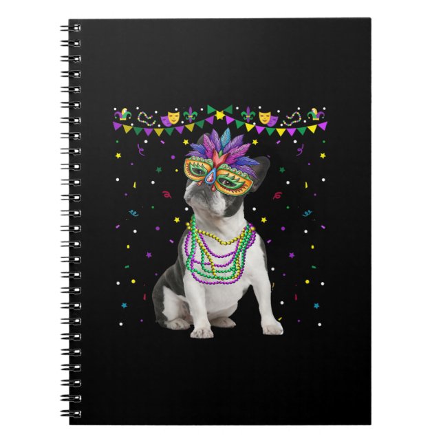 Funny Boston Terrier Wearing Carnival Mask Mardi Notebook (Front)