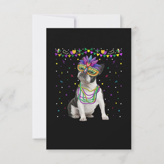 Funny Boston Terrier Wearing Carnival Mask Mardi RSVP Card (Front)