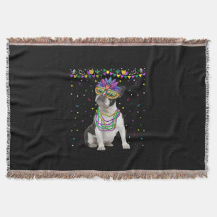 Funny Boston Terrier Wearing Carnival Mask Mardi Throw Blanket
