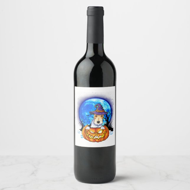 Funny Boston Terrier Witch Halloween Dog Costumes  Wine Label (Front)