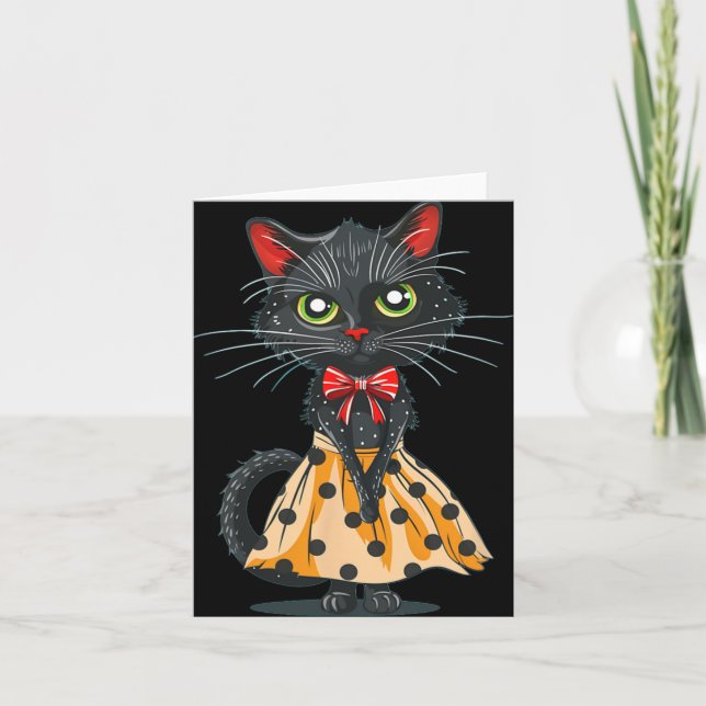 Funny Bow Cat In Polka Dot Dress  Card (Front)