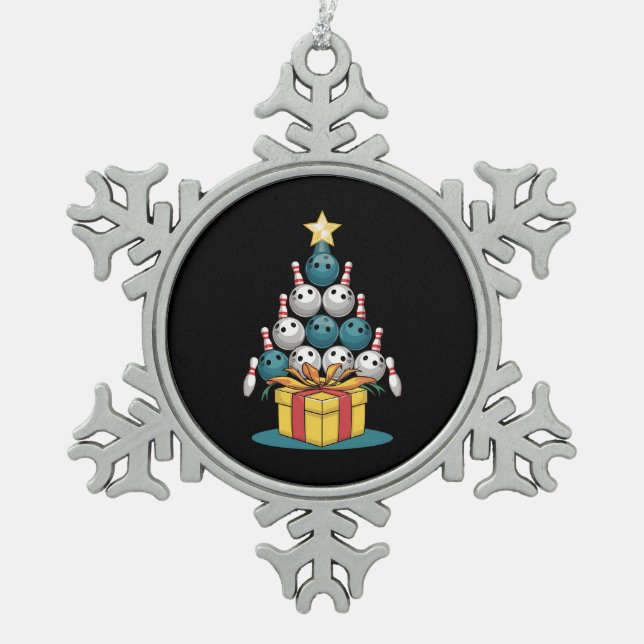 Funny Bowling Christmas Tree Lights Xmas Gifts  Snowflake Pewter Christmas Ornament (Front)