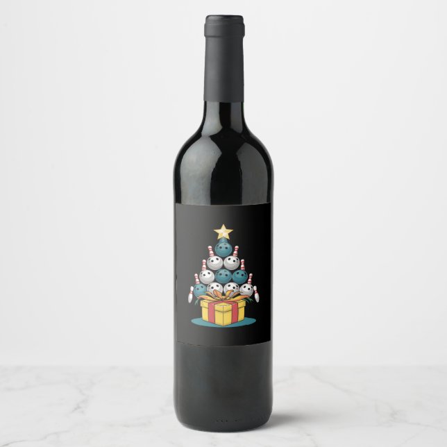 Funny Bowling Christmas Tree Lights Xmas Gifts  Wine Label (Front)