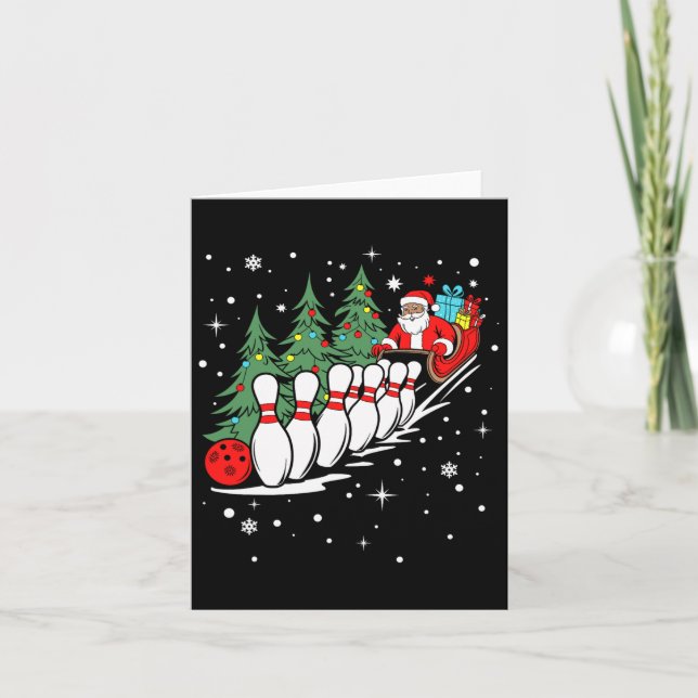 Funny Bowling Player Xmas Lights Santa Bowling Chr Card (Front)