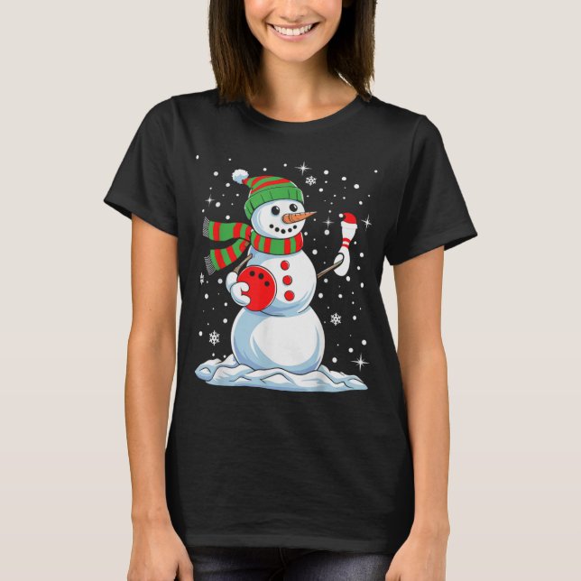 Funny Bowling Player Xmas Lights Snow Bowling Chri T-Shirt (Front)