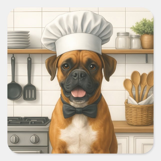 Funny Boxer Chef Dog At Kitchen For Home Cooks Square Sticker (Front)