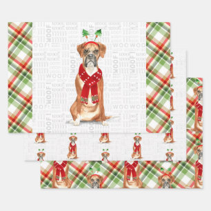 Funny Boxer Christmas Dog and Holiday Plaid Wrapping Paper Sheet
