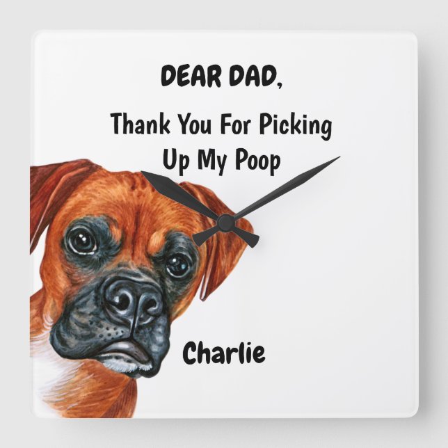 Funny Boxer Dad Watercolor Canine Art Square Wall Clock (Front)