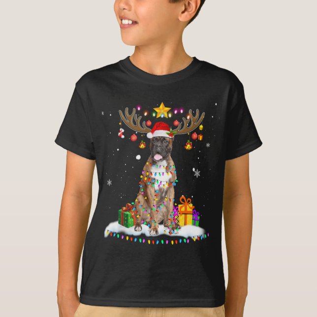 Funny Boxer Dog Christmas Reindeer Christmas Light T-Shirt (Front)
