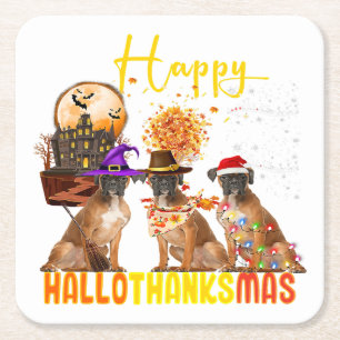 Funny Boxer Dog Happy Hallothanksmas Pet Owner Square Paper Coaster