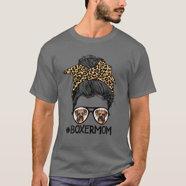 Funny Boxer Mum Leopard Messy Bun Boxer Lover Moth T-Shirt (Front)