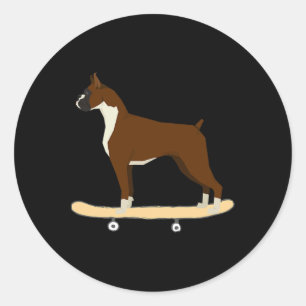 Funny Boxer Skateboarding Puppy Dog Gift Men Women Classic Round Sticker