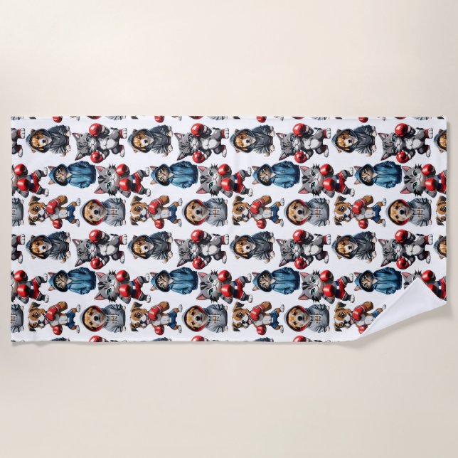 Funny Boxing Cat Dog Pattern Design  Beach Towel (Front)
