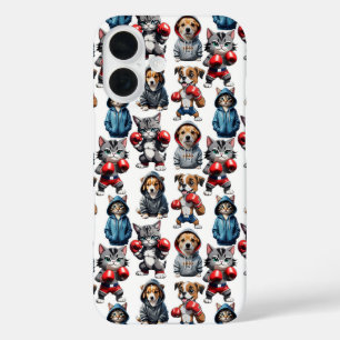 Funny Boxing Cat Dog Pattern Design iPhone 16 Case