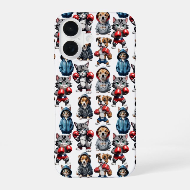 Funny Boxing Cat Dog Pattern Design  iPhone 16 Case (Back)