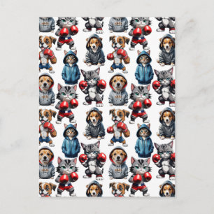 Funny Boxing Cat Dog Pattern Design Postcard