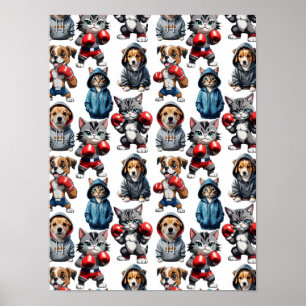 Funny Boxing Cat Dog Pattern Design Poster