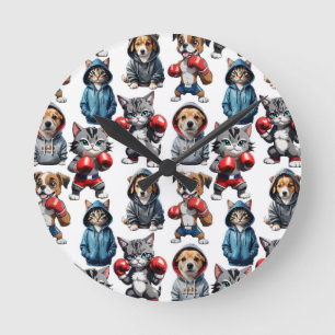 Funny Boxing Cat Dog Pattern Design  Round Clock