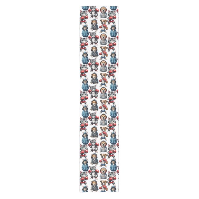 Funny Boxing Cat Dog Pattern Design  Short Table Runner (Front)
