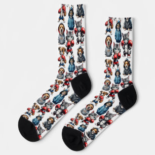 Funny Boxing Cat Dog Pattern Design Socks