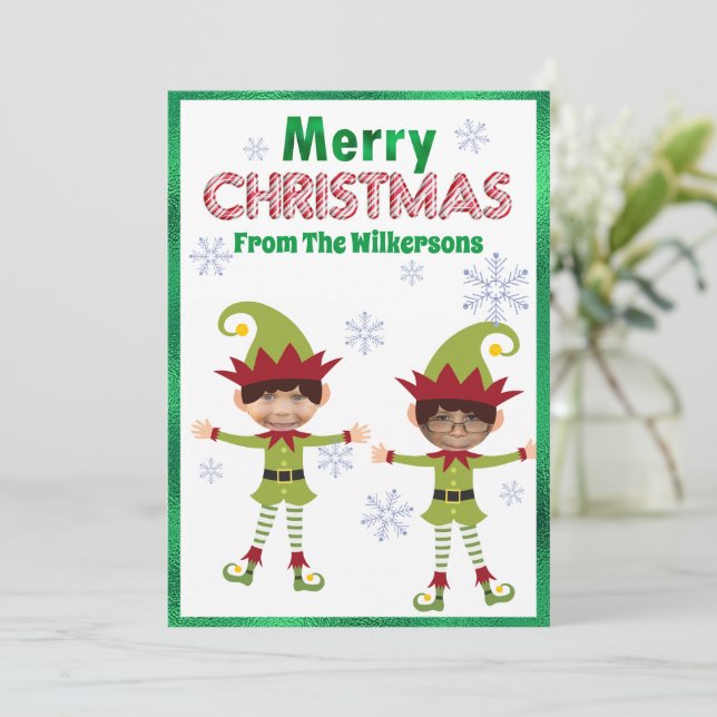 Funny Boy Elves Custom Kids Photos Merry Christmas Holiday Card (Standing Front)