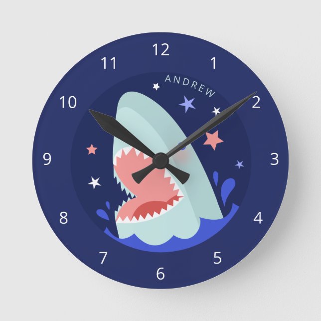 Funny Boy Shark Navy Blue Nautical Kids Name Sea   Round Clock (Front)