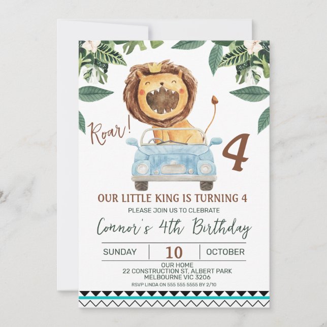 Funny Boys Roar Lion Crown King 4th Birthday Invitation (Front)