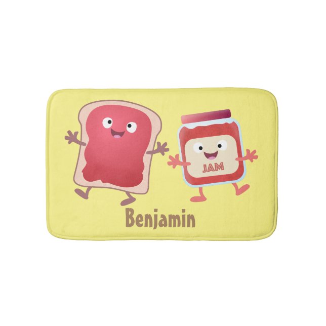 Funny bread and jam cartoon characters bath mat (Front)