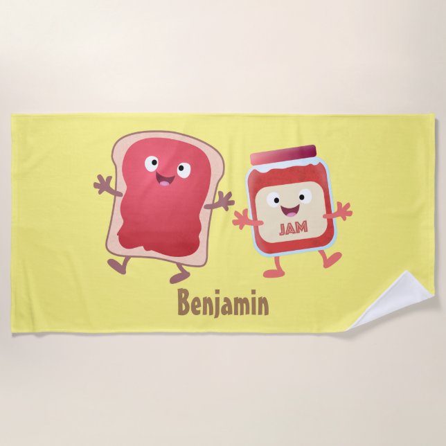 Funny bread and jam cartoon characters beach towel (Front)