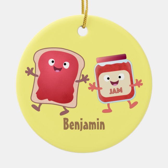 Funny bread and jam cartoon characters ceramic tree decoration (Front)